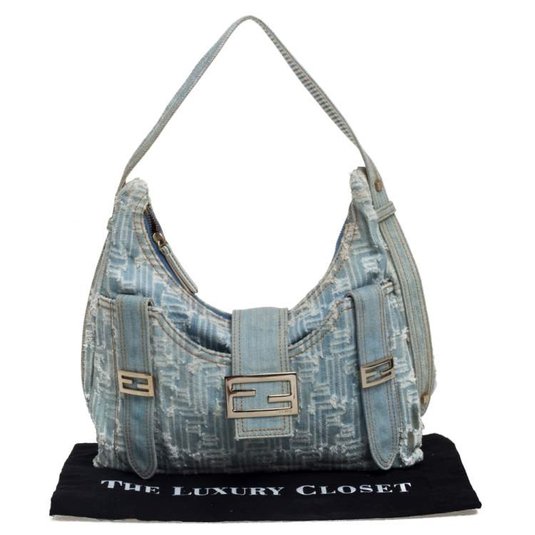 Pre Owned Fendi Light Blue/White Zucchino Denim Sweet Hobo 