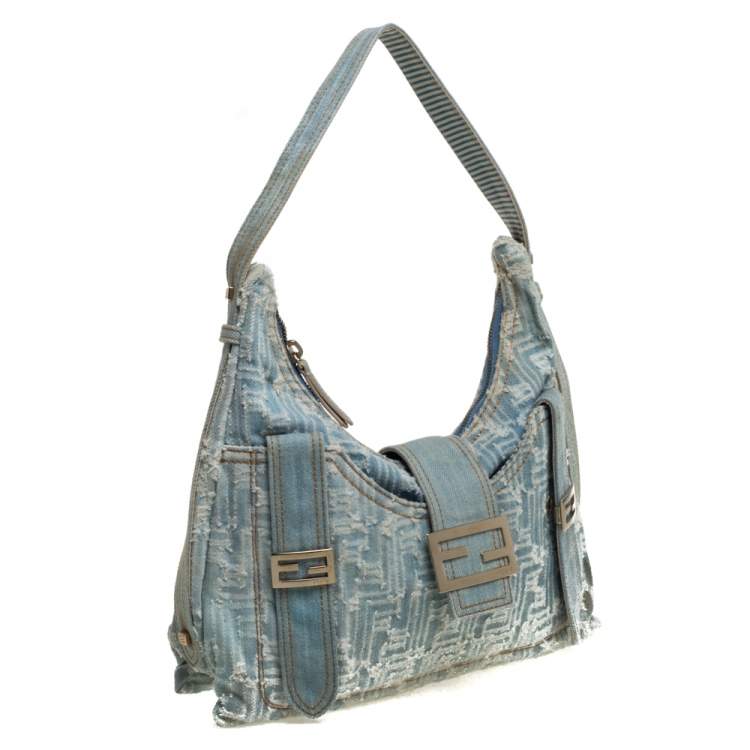 Pre Owned Fendi Light Blue/White Zucchino Denim Sweet Hobo 