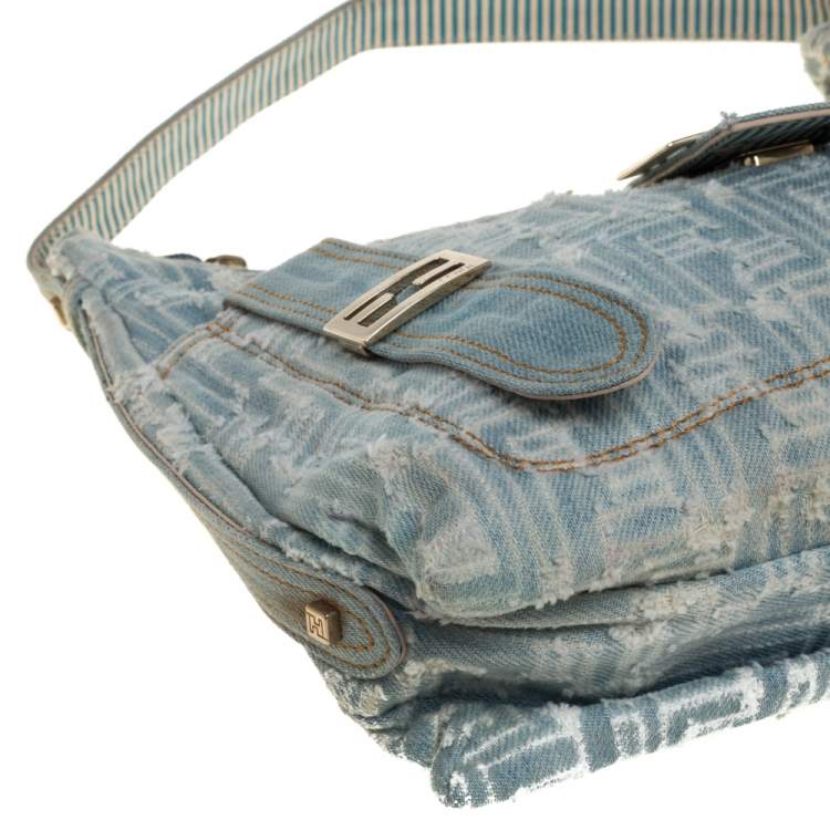 Pre Owned Fendi Light Blue/White Zucchino Denim Sweet Hobo 