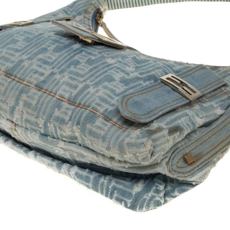 Pre Owned Fendi Light Blue/White Zucchino Denim Sweet Hobo 