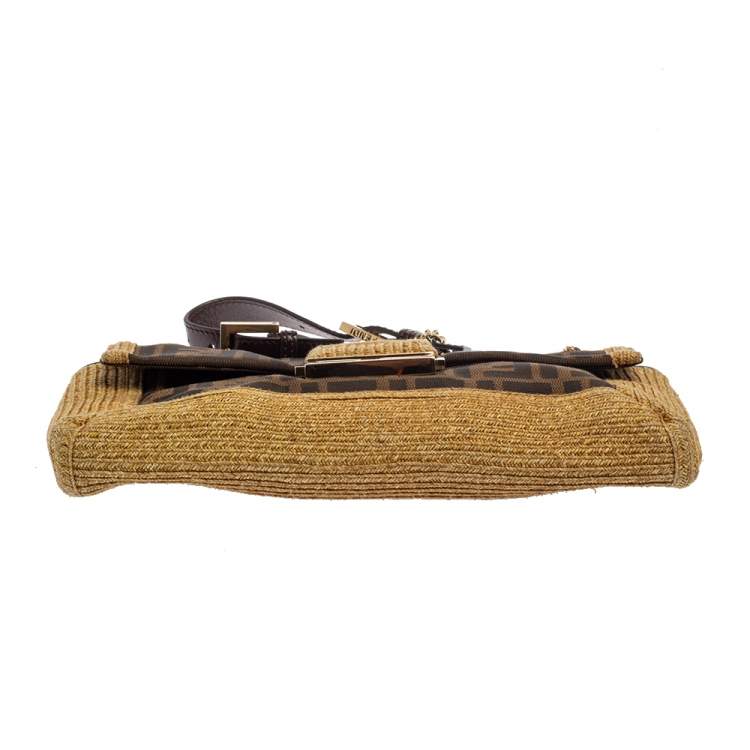 مملوكة مسبقًا Fendi Tobacco Zucca Canvas and Raffia Baguette Chain Shoulder Bag