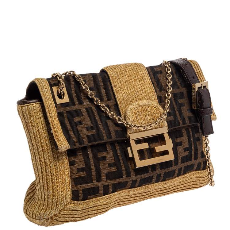 مملوكة مسبقًا Fendi Tobacco Zucca Canvas and Raffia Baguette Chain Shoulder Bag