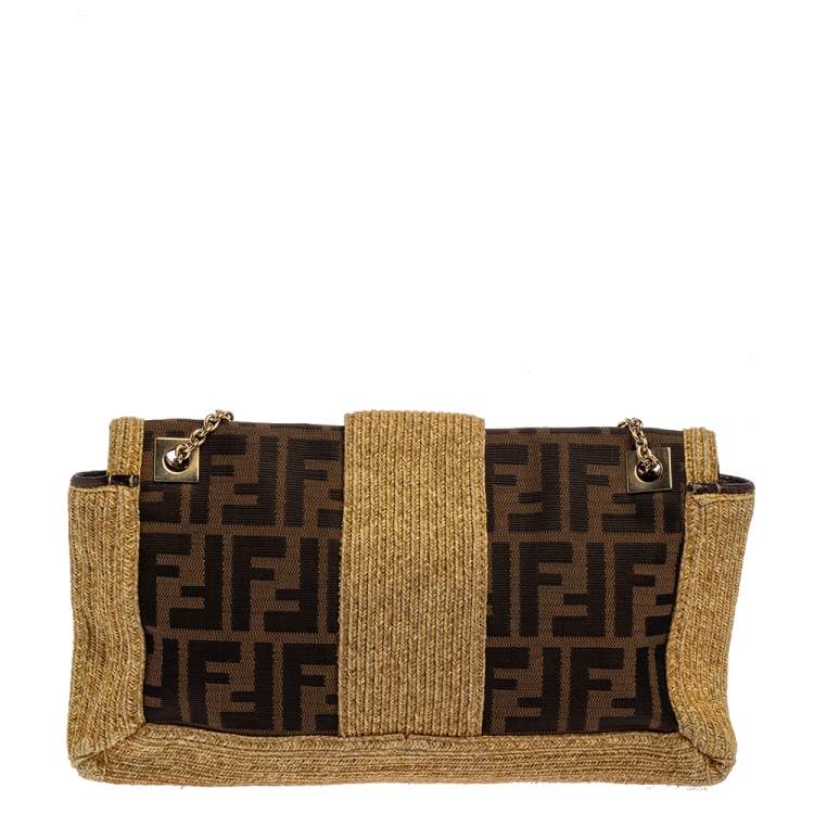 مملوكة مسبقًا Fendi Tobacco Zucca Canvas and Raffia Baguette Chain Shoulder Bag