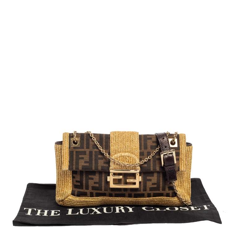 مملوكة مسبقًا Fendi Tobacco Zucca Canvas and Raffia Baguette Chain Shoulder Bag