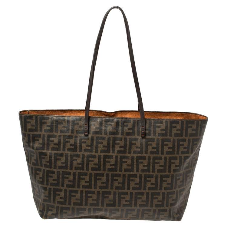 Pre Owned Fendi Tobacco Zucca Coated Canvas Spalmati Roll Shopper Tote