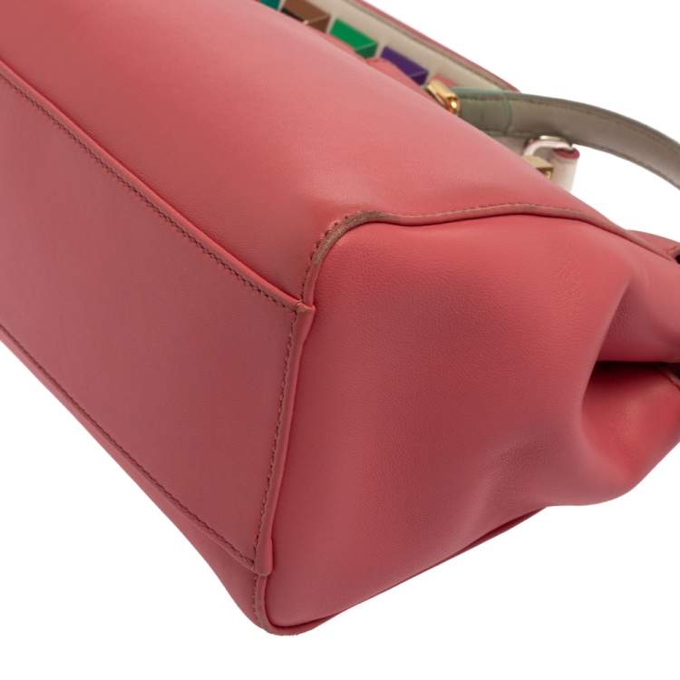 Pre Owned Fendi Pink/Green Leather Mini Peekaboo Top Handle Bag