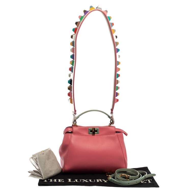 Pre Owned Fendi Pink/Green Leather Mini Peekaboo Top Handle Bag