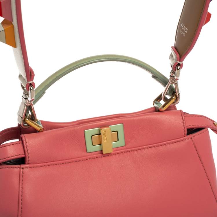 Pre Owned Fendi Pink/Green Leather Mini Peekaboo Top Handle Bag