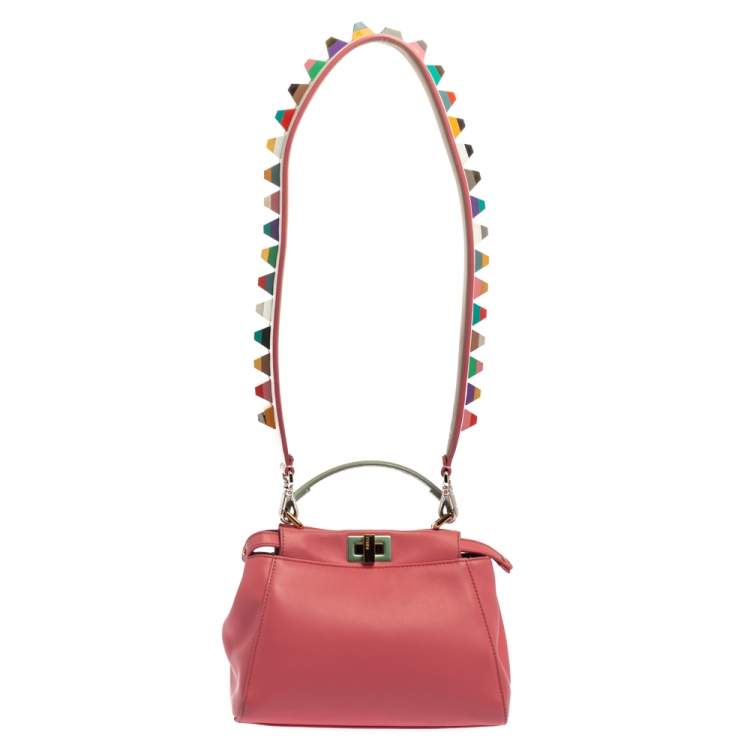 Pre Owned Fendi Pink/Green Leather Mini Peekaboo Top Handle Bag