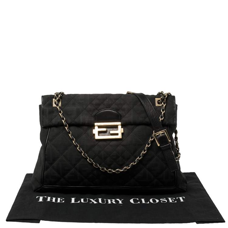 Pre Owned Fendi Black Zucca Quilted Canvas Maxi Baguette Flap Shoulder Bag