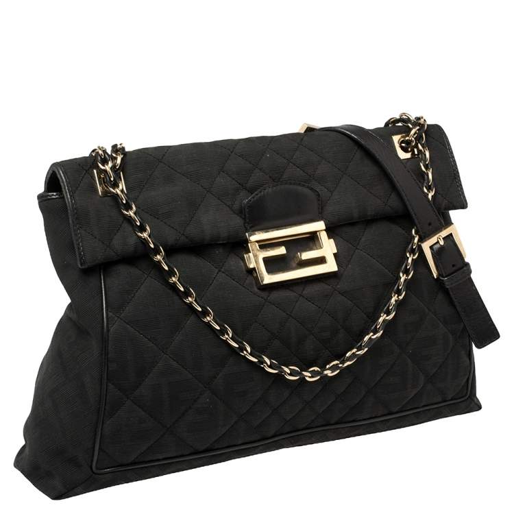 Pre Owned Fendi Black Zucca Quilted Canvas Maxi Baguette Flap Shoulder Bag