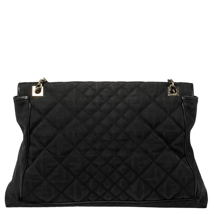 Pre Owned Fendi Black Zucca Quilted Canvas Maxi Baguette Flap Shoulder Bag