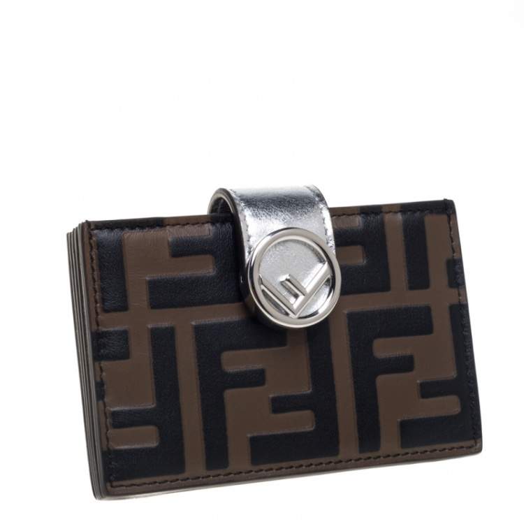 Pre Owned Fendi Tobacco/Silver Zucca Leather Maya Card Holder