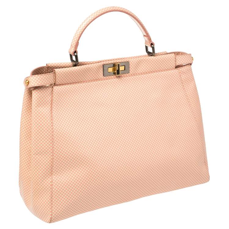 Pre Owned Fendi Pink/White Checkered Leather Large Peekaboo Top Handle Bag