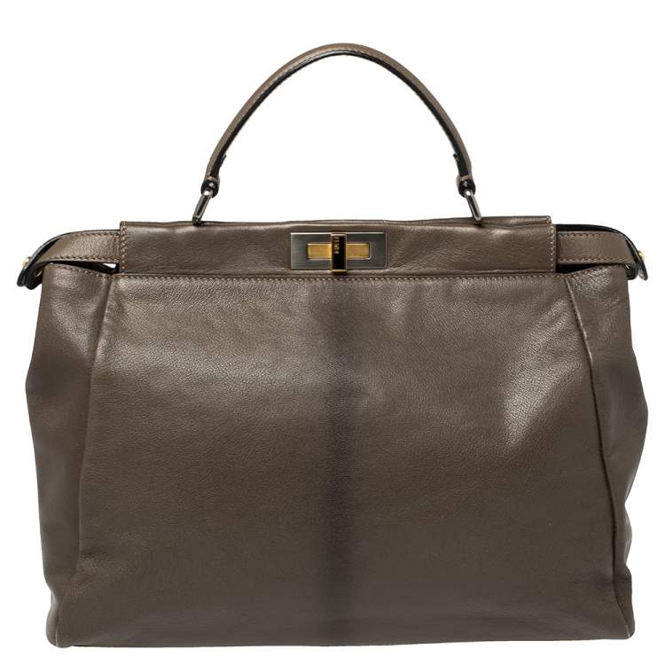 Pre Owned Fendi Olive Green Leather Large Peekaboo Top Handle Bag