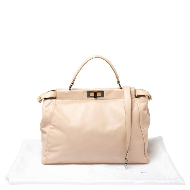 Pre Owned Fendi Beige Leather Large Peekaboo Top Handle Bag