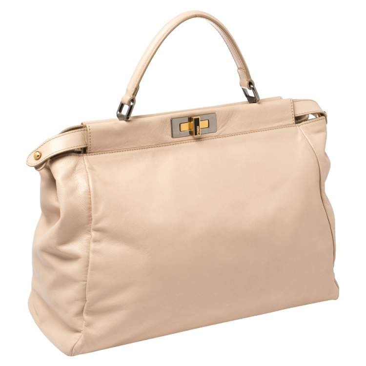 Pre Owned Fendi Beige Leather Large Peekaboo Top Handle Bag