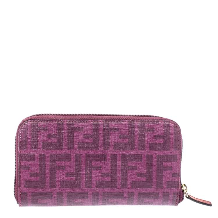 Pre Owned Fendi Purple Zucca Coated Canvas Zip Wallet