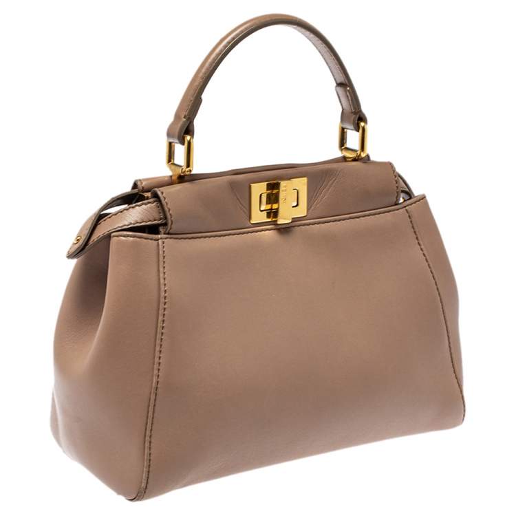 Pre Owned Fendi Beige Leather Mini Peekaboo Top Handle Bag