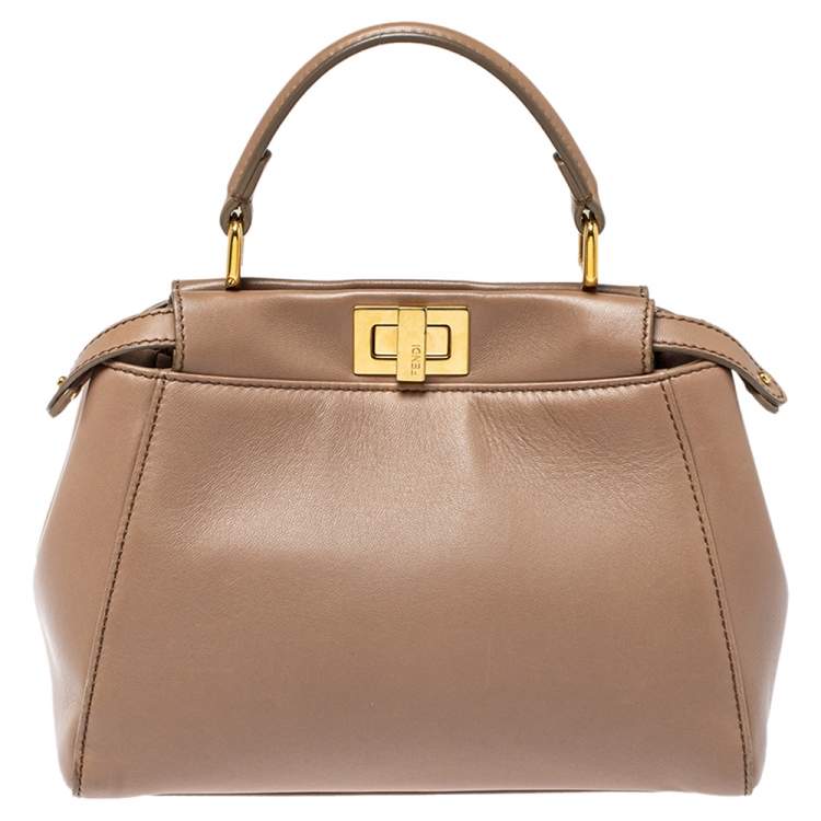 Pre Owned Fendi Beige Leather Mini Peekaboo Top Handle Bag
