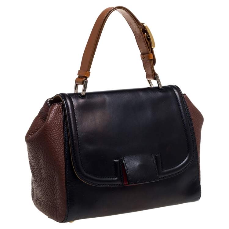 Pre Owned Fendi Black/Brown Leather Silvana Top Handle Bag