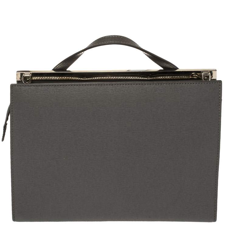 Pre Owned Fendi Grey Textured Leather Small Demi Jour Top Handle Bag