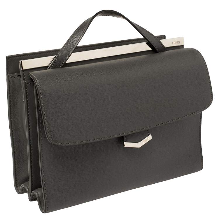 Pre Owned Fendi Grey Textured Leather Small Demi Jour Top Handle Bag