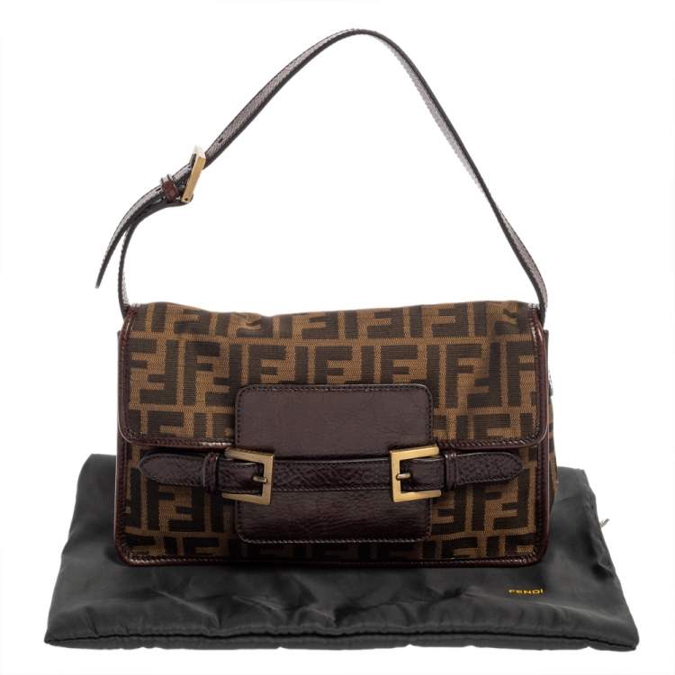 Pre Owned Fendi Tobacco Zucca Canvas and Leather Double Buckle Baguette Bag