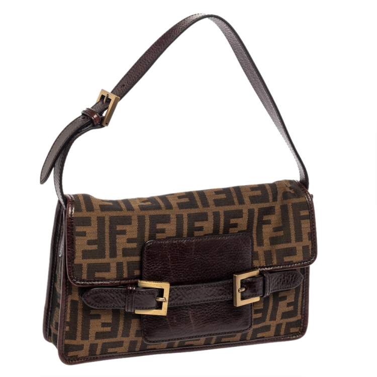 Pre Owned Fendi Tobacco Zucca Canvas and Leather Double Buckle Baguette Bag