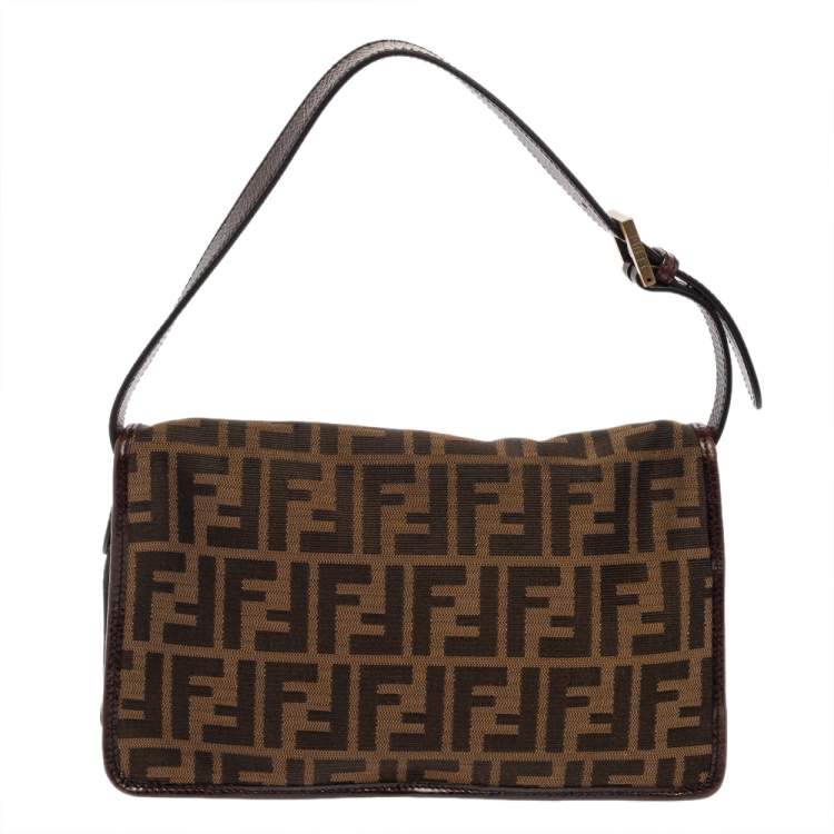 Pre Owned Fendi Tobacco Zucca Canvas and Leather Double Buckle Baguette Bag