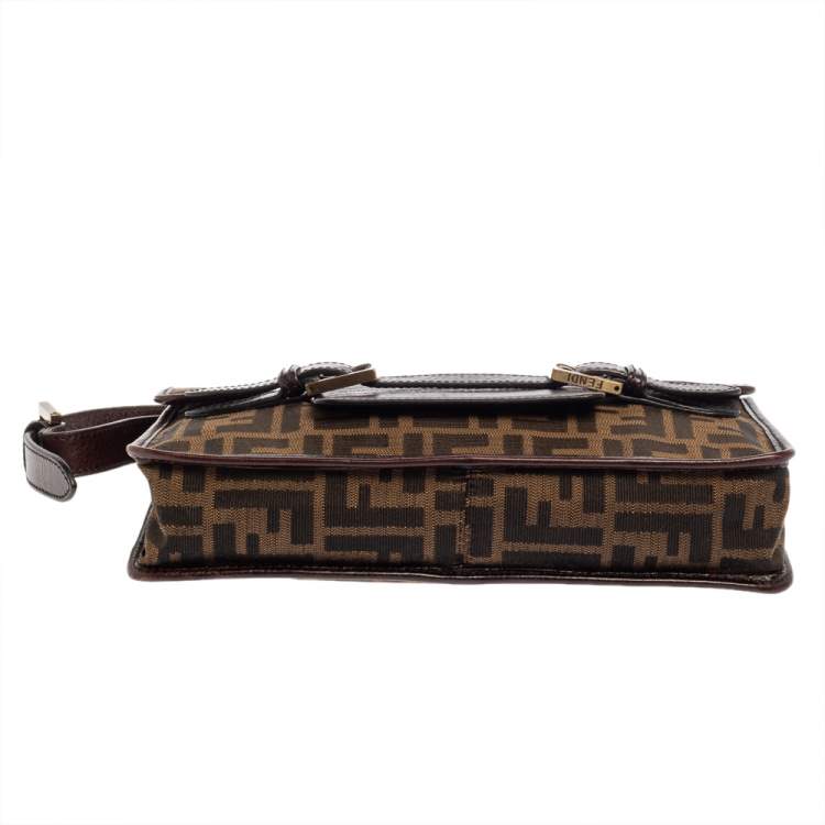 Pre Owned Fendi Tobacco Zucca Canvas and Leather Double Buckle Baguette Bag