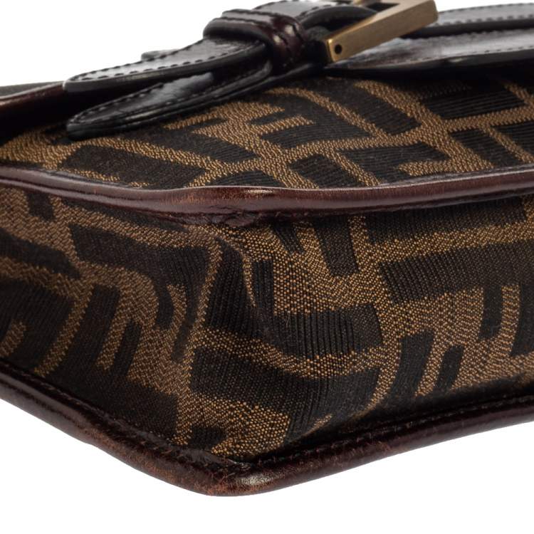 Pre Owned Fendi Tobacco Zucca Canvas and Leather Double Buckle Baguette Bag