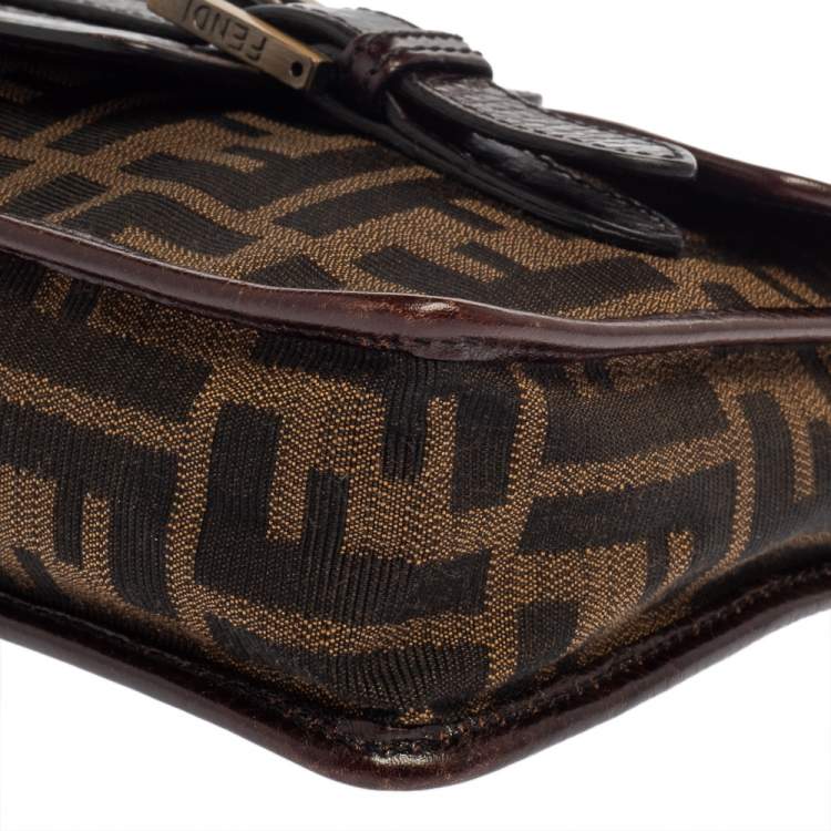 Pre Owned Fendi Tobacco Zucca Canvas and Leather Double Buckle Baguette Bag