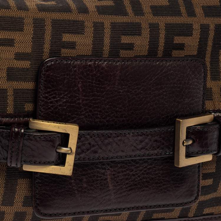 Pre Owned Fendi Tobacco Zucca Canvas and Leather Double Buckle Baguette Bag