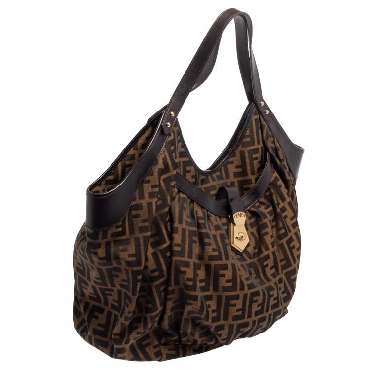 Pre Owned Fendi Tobacco Zucca Canvas and Leather Hobo