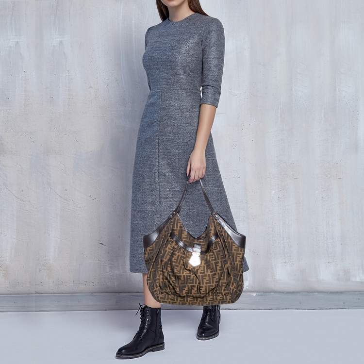 Pre Owned Fendi Tobacco Zucca Canvas and Leather Hobo