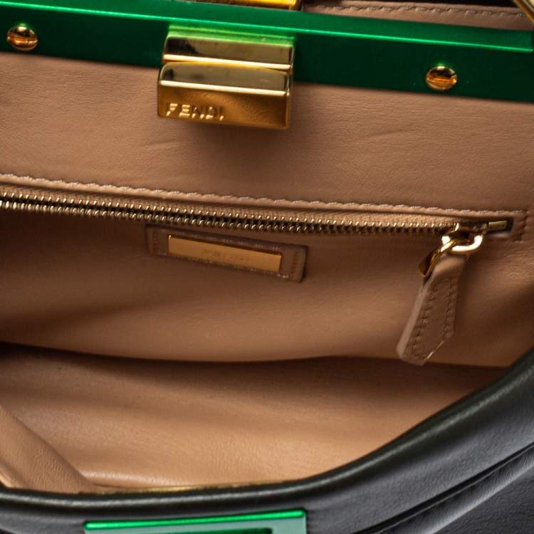 Pre Owned Fendi Dark Green and Beige Leather Mini Peekaboo Top Handle Bag