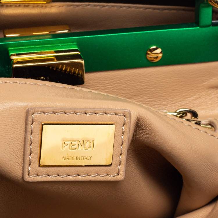Pre Owned Fendi Dark Green and Beige Leather Mini Peekaboo Top Handle Bag