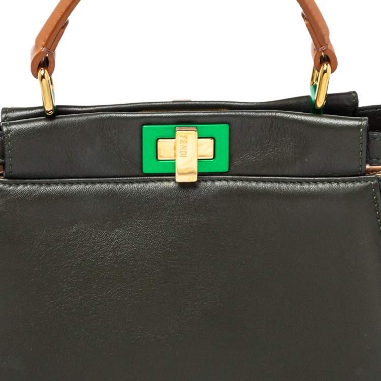 Pre Owned Fendi Dark Green and Beige Leather Mini Peekaboo Top Handle Bag