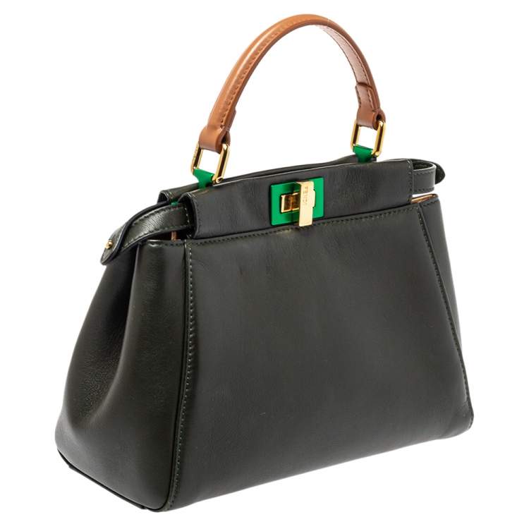Pre Owned Fendi Dark Green and Beige Leather Mini Peekaboo Top Handle Bag