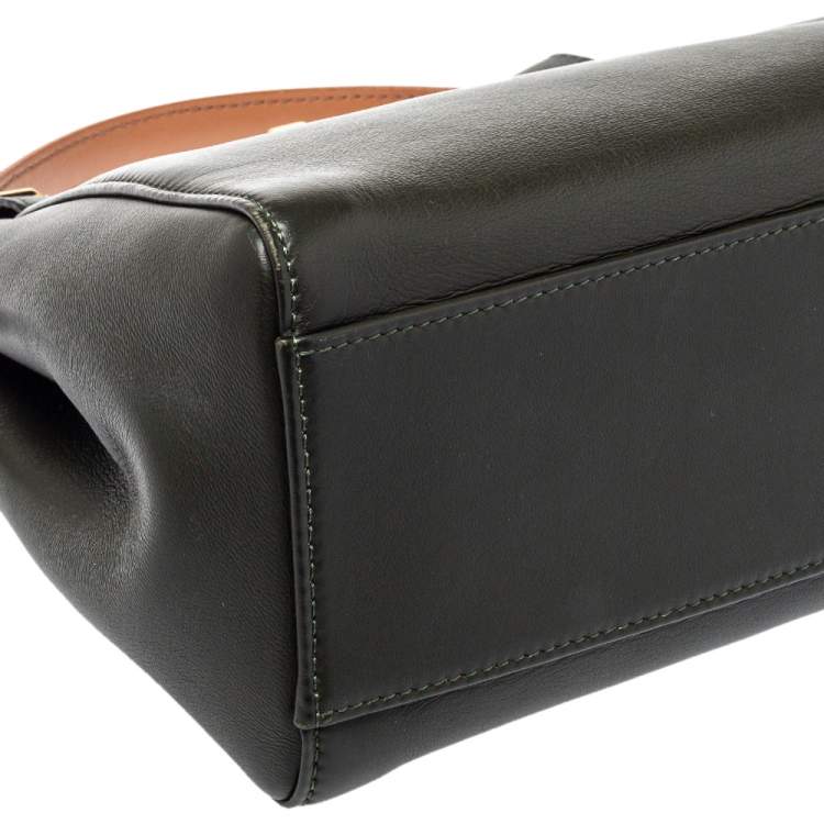 Pre Owned Fendi Dark Green and Beige Leather Mini Peekaboo Top Handle Bag