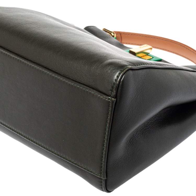 Pre Owned Fendi Dark Green and Beige Leather Mini Peekaboo Top Handle Bag