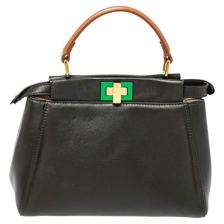 Pre Owned Fendi Dark Green and Beige Leather Mini Peekaboo Top Handle Bag