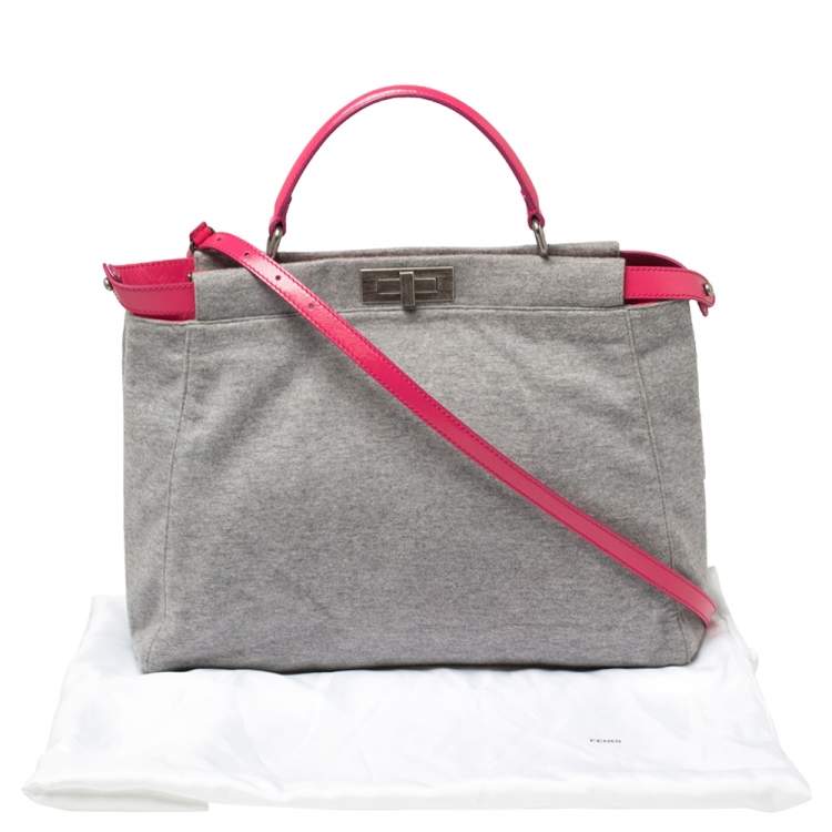 Pre Owned Fendi Grey/Pink Jersey and Leather Large Limited Edition Peekaboo Top Handle Bag