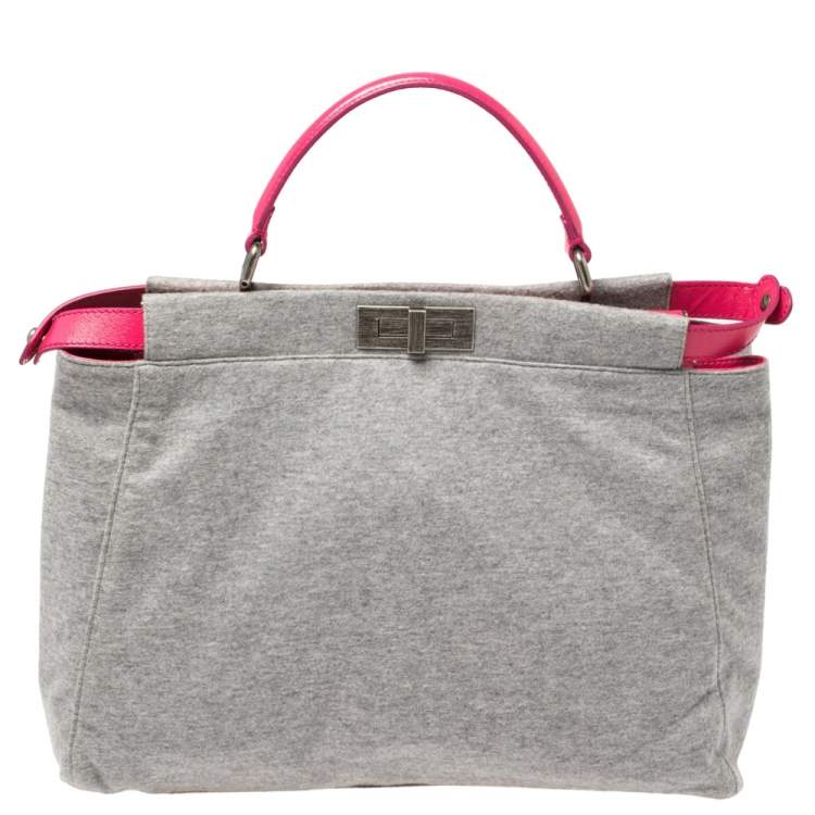 Pre Owned Fendi Grey/Pink Jersey and Leather Large Limited Edition Peekaboo Top Handle Bag