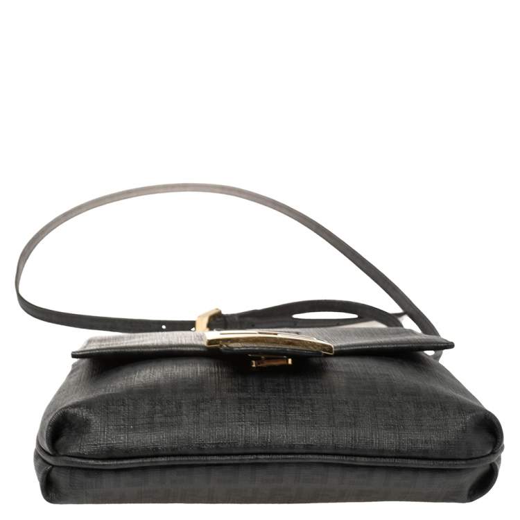 Pre Owned Fendi Black Zucchino Coated Canvas FF Flap Messenger Bag