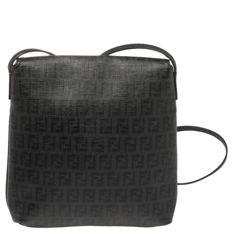 Pre Owned Fendi Black Zucchino Coated Canvas FF Flap Messenger Bag