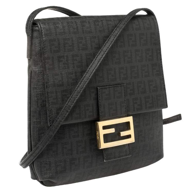 Pre Owned Fendi Black Zucchino Coated Canvas FF Flap Messenger Bag