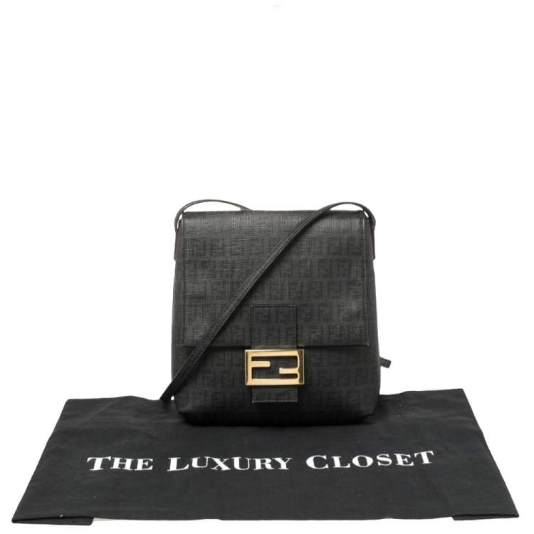 Pre Owned Fendi Black Zucchino Coated Canvas FF Flap Messenger Bag