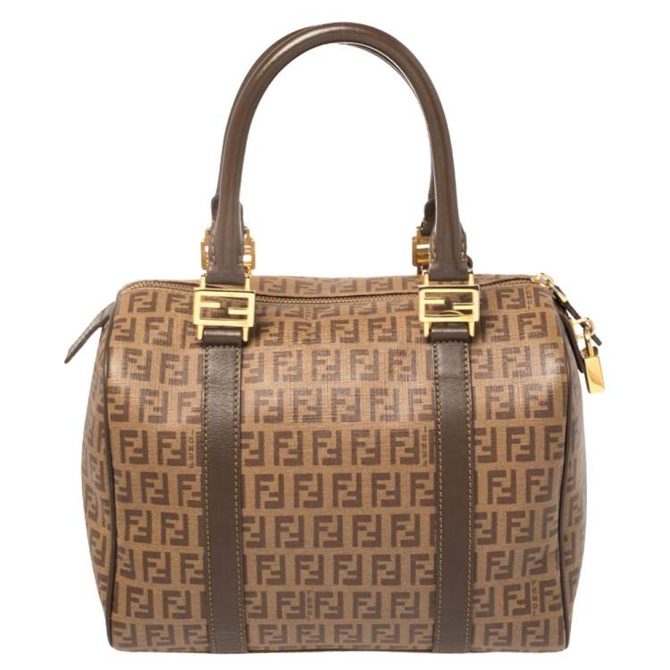 Pre Owned Fendi Brown Zucchino Coated Canvas and Leather Small Forever Bauletto Boston Bag